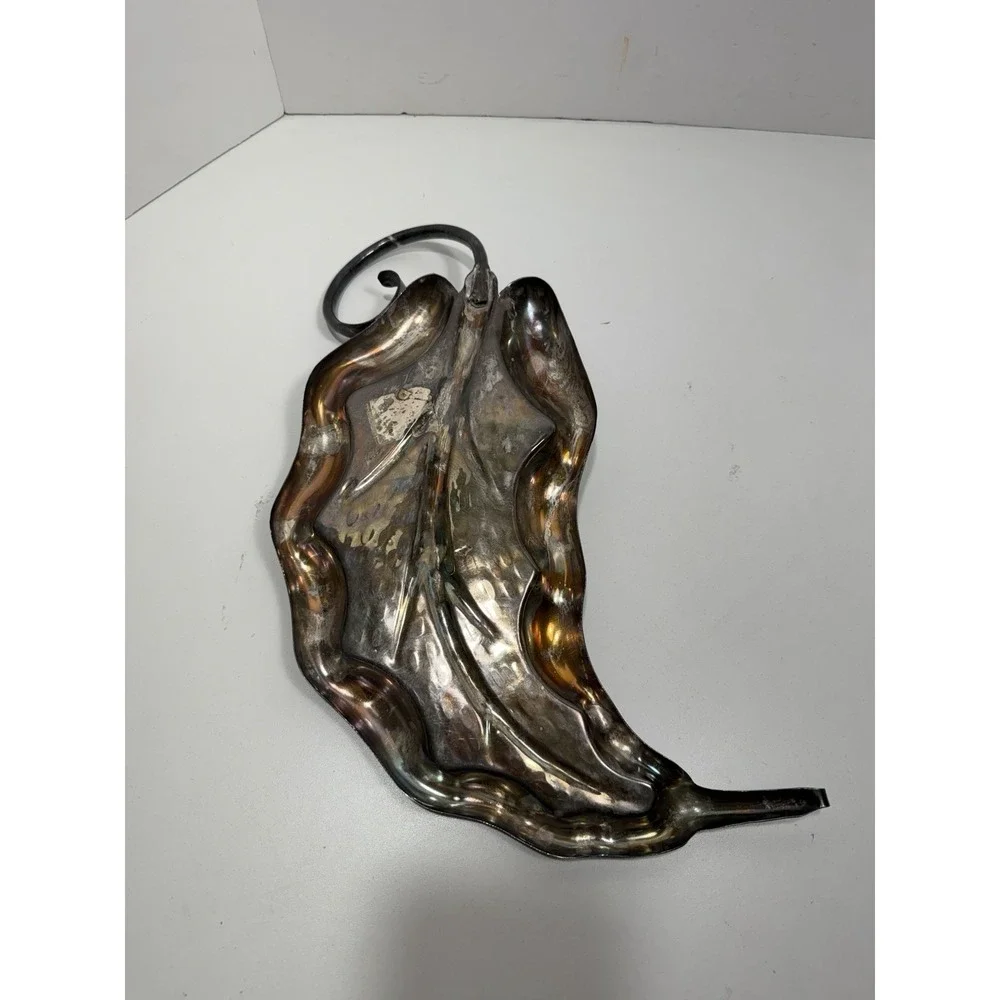 Vintage Silver Plate‎ Leaf Candy Dish Tray Curly Handle Trinket Bowl Mid Century